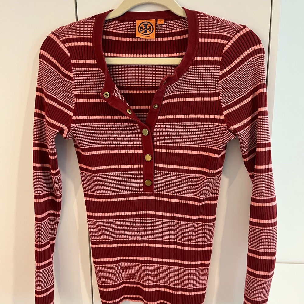 Tory Burch Red and Pink Striped Ribbed Henley Button-Down Top